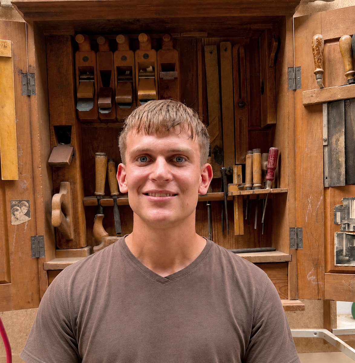 Noah Wolf, Schreiner aus Hausen im Tal, vor einem alten Werkzeugschrank mit Holzhobeln und Stechbeiteln